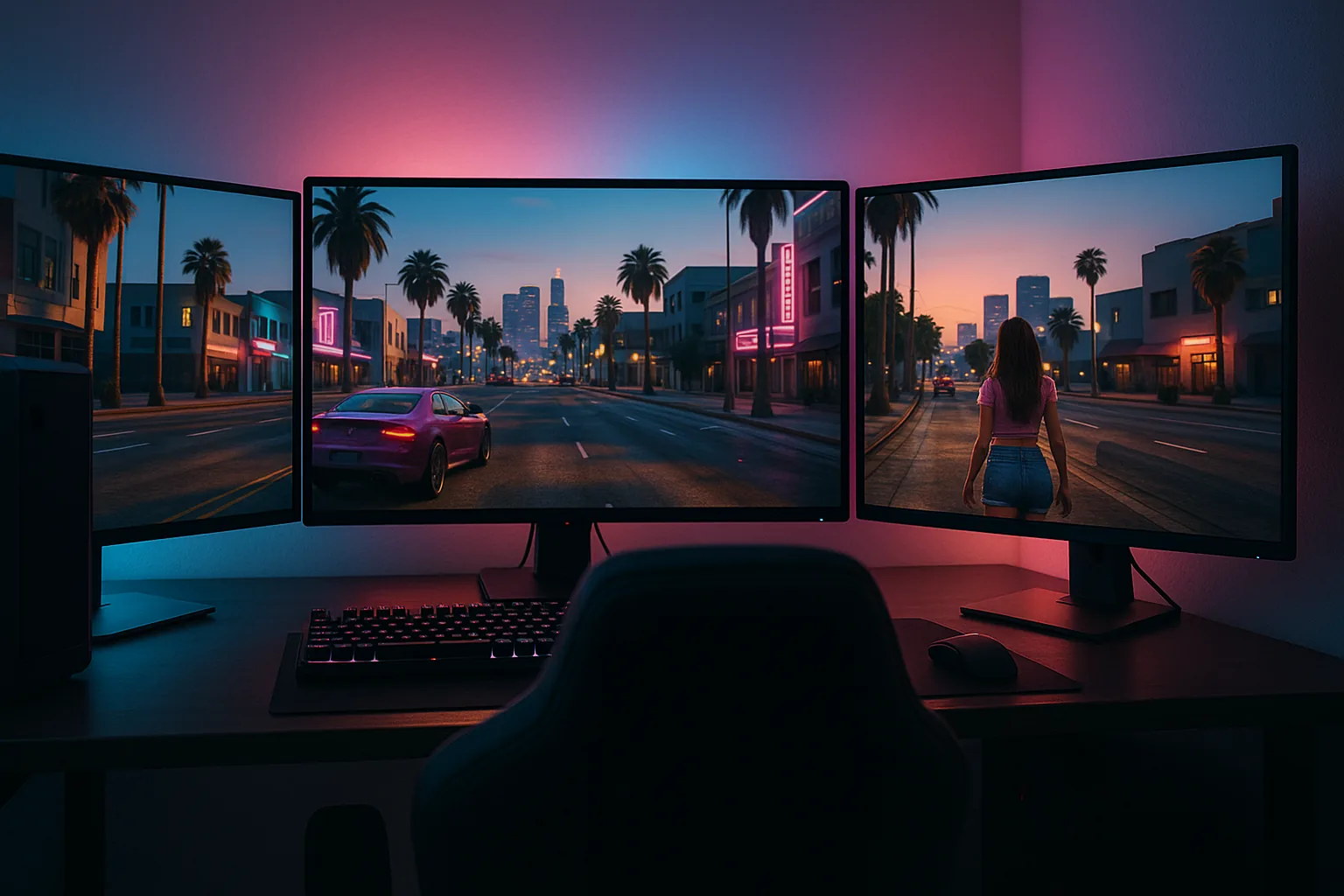 Imagem de gameplay vazado mostrando ambiente de Vice City em GTA VI