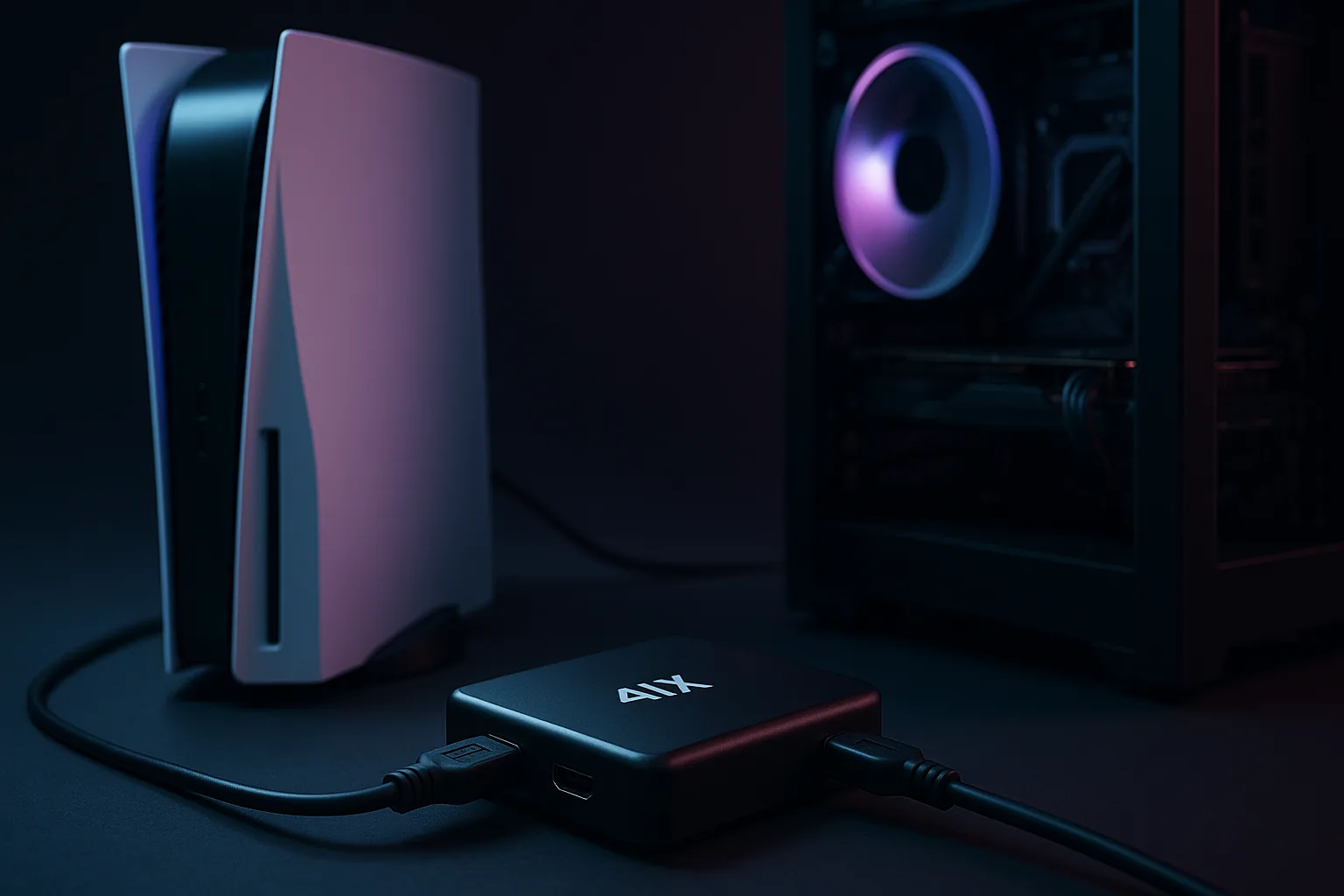 Setup com placa de captura conectada ao PS5 e PC gamer