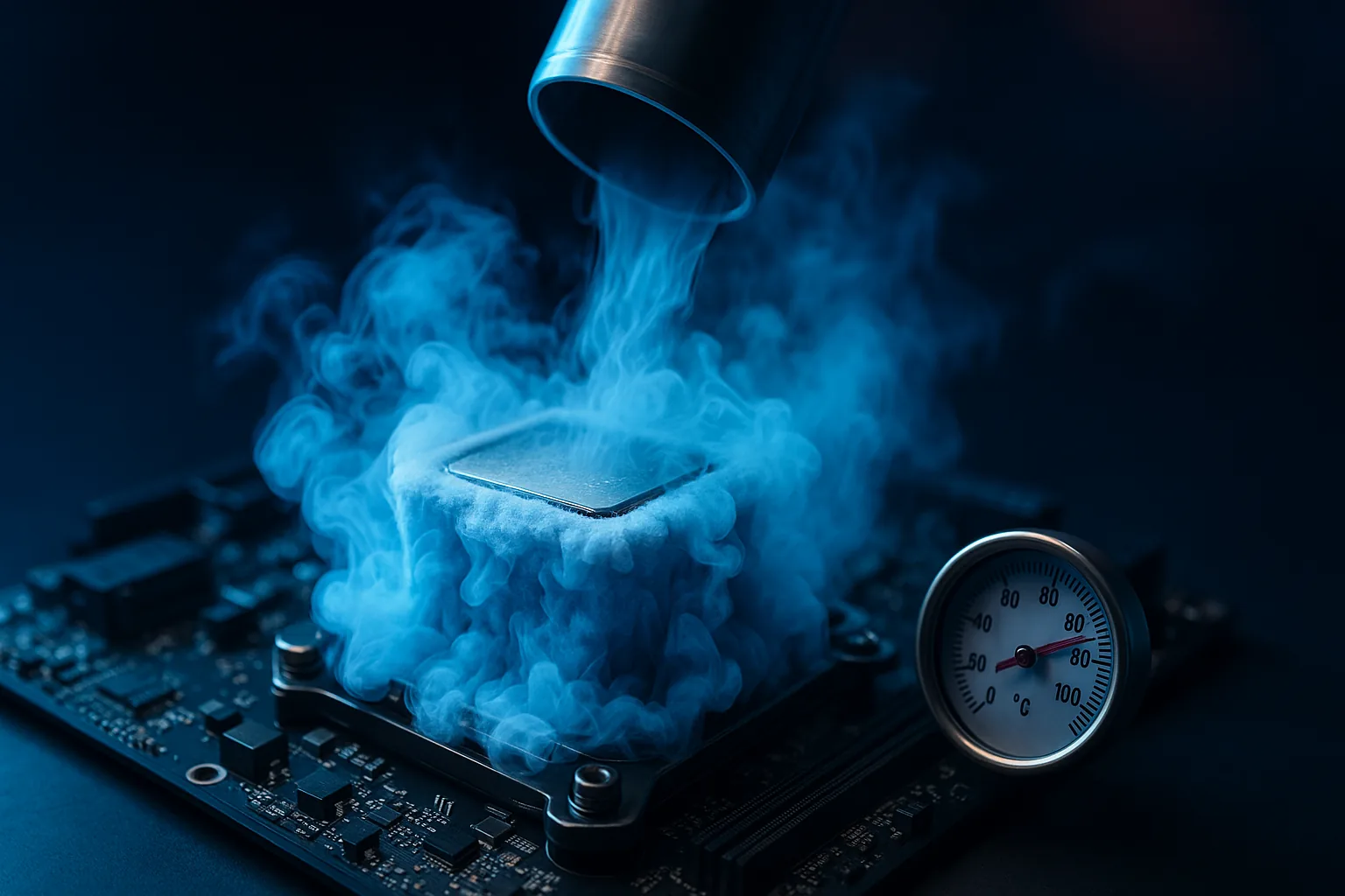 Nitrogênio líquido sendo despejado sobre um processador durante uma sessão de overclock extremo