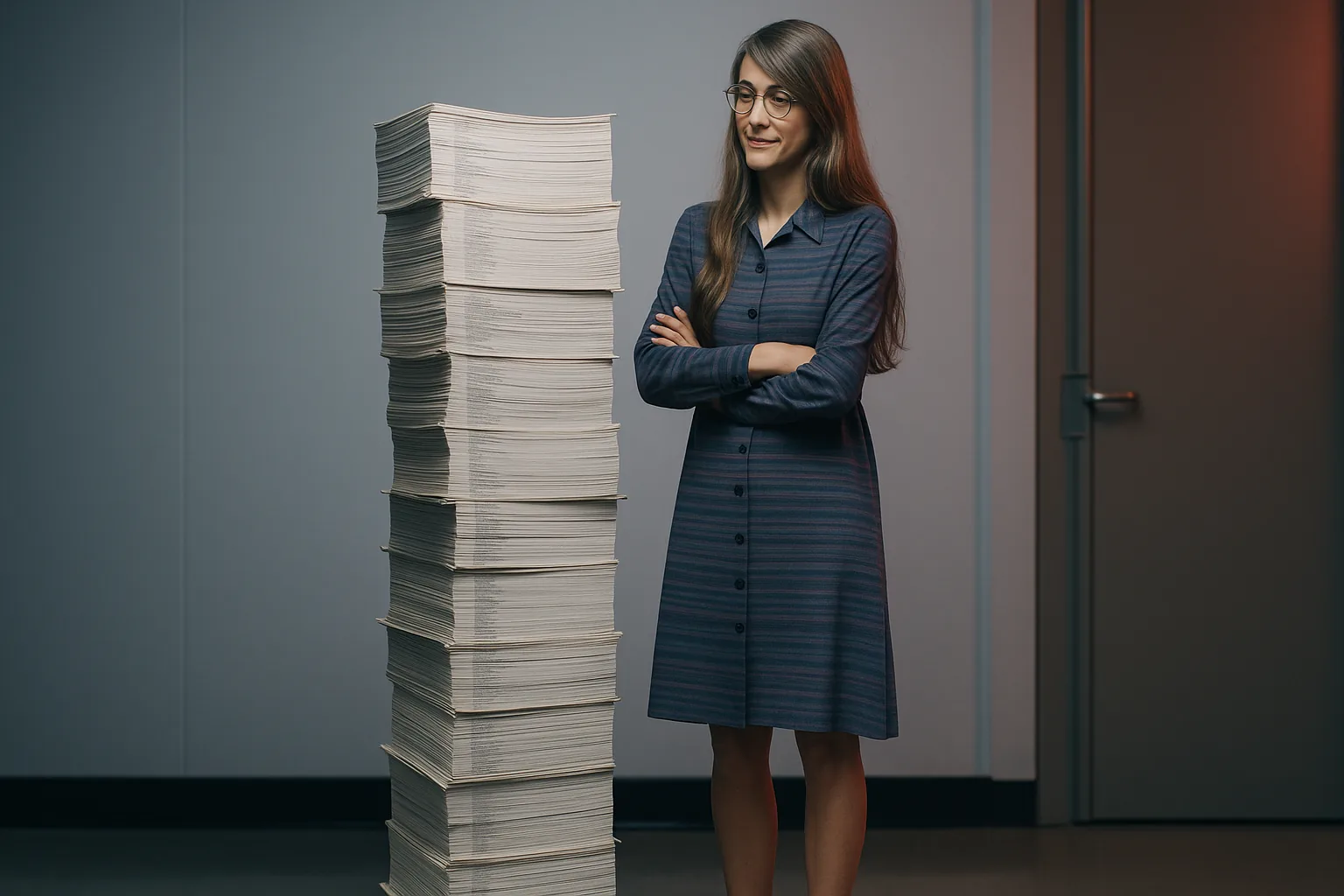 Margaret Hamilton ao lado do código-fonte impresso do AGC — a pilha tem sua altura