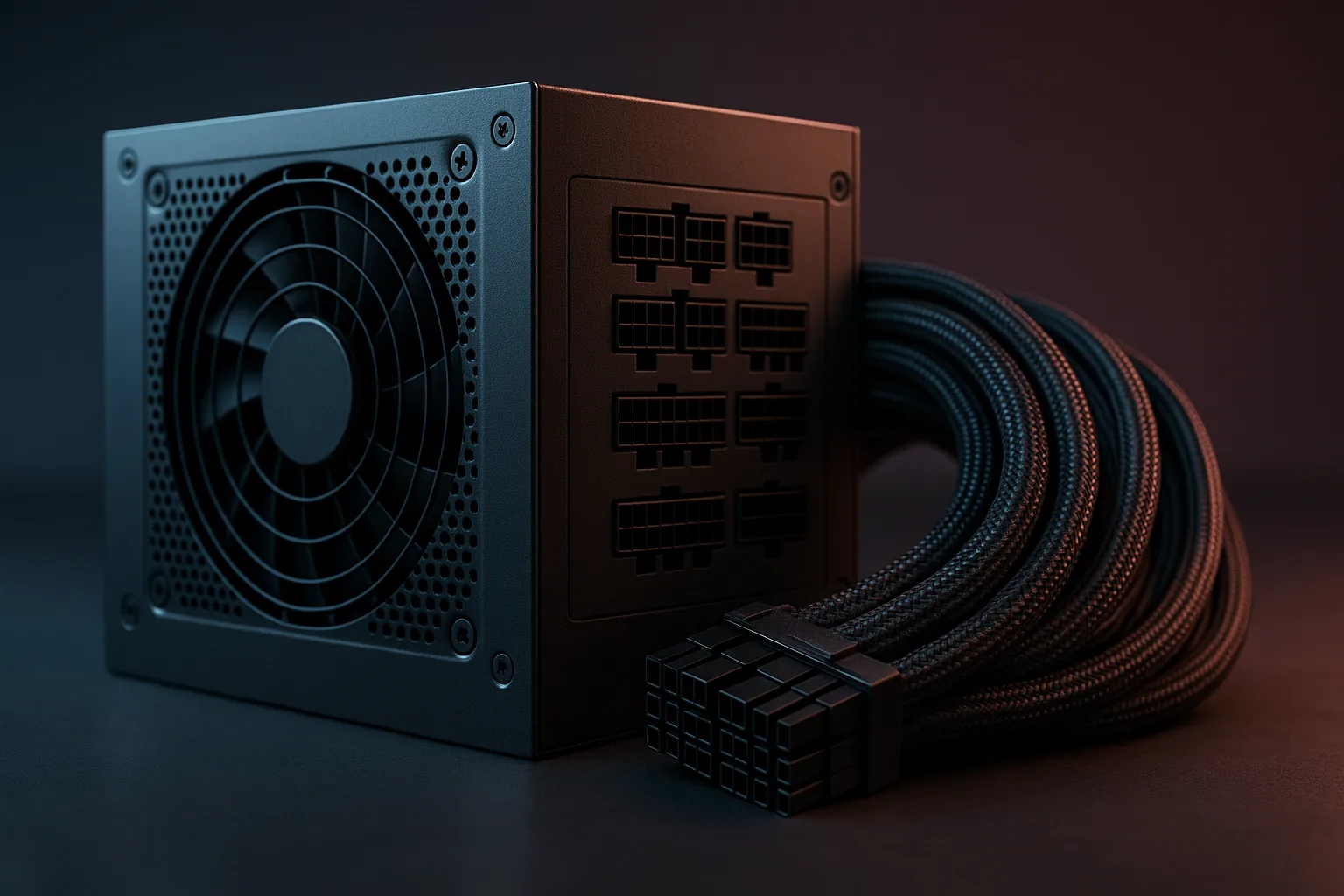 Interior de uma fonte de PC de qualidade: capacitores japoneses e transformador robusto