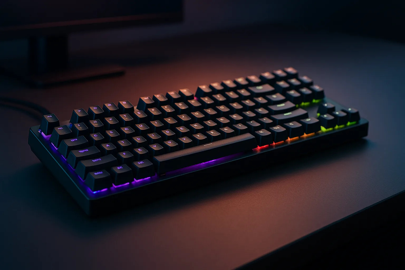 Setup com teclado mecânico premium em ambiente de trabalho e games