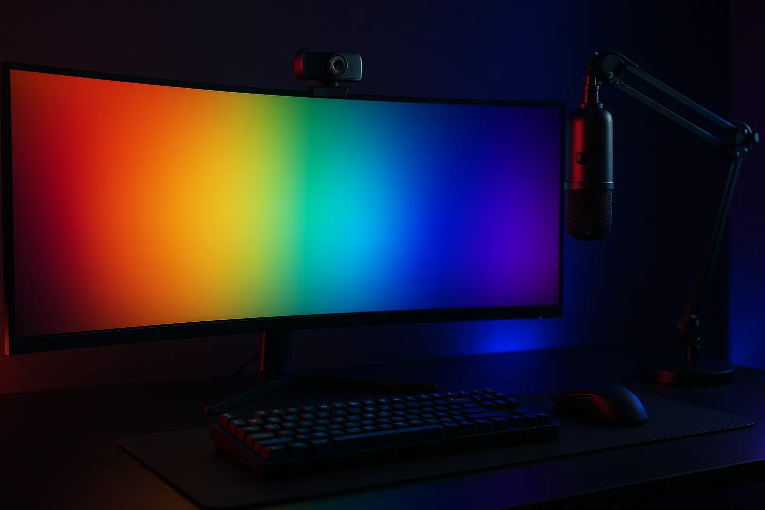 Setup de home office com webcam e microfone profissional