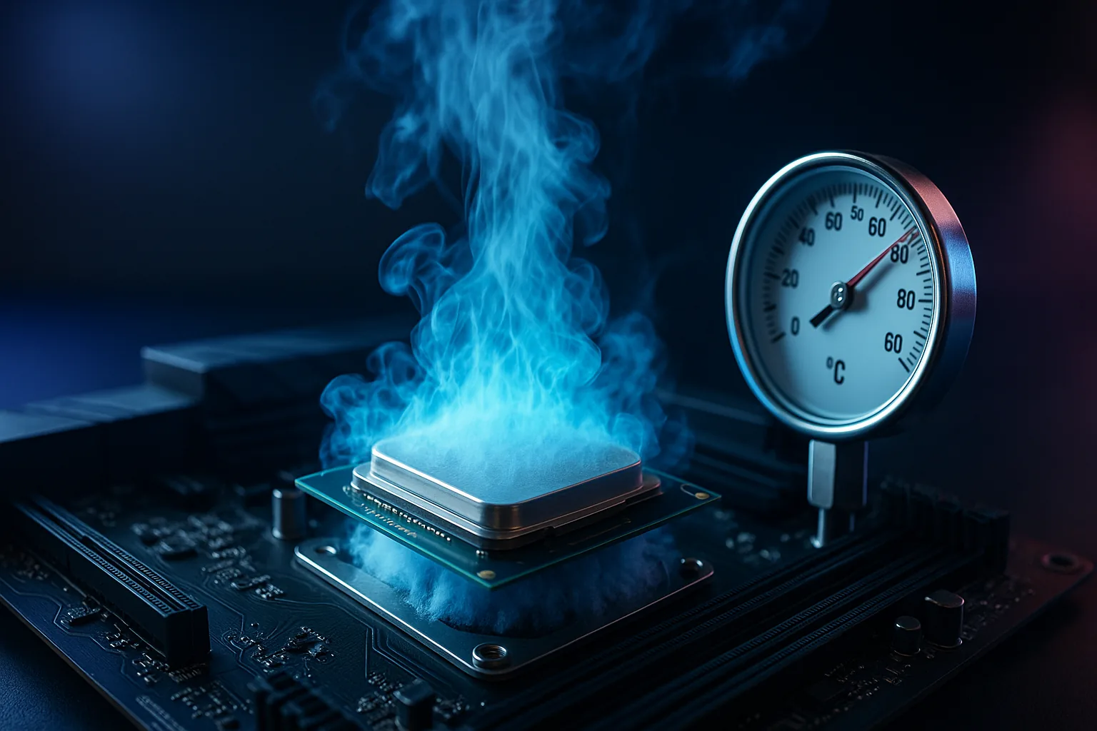Nitrogênio líquido sendo despejado no pot acoplado ao processador — o vapor é nitrogênio evaporando ao contato com o calor ambiente