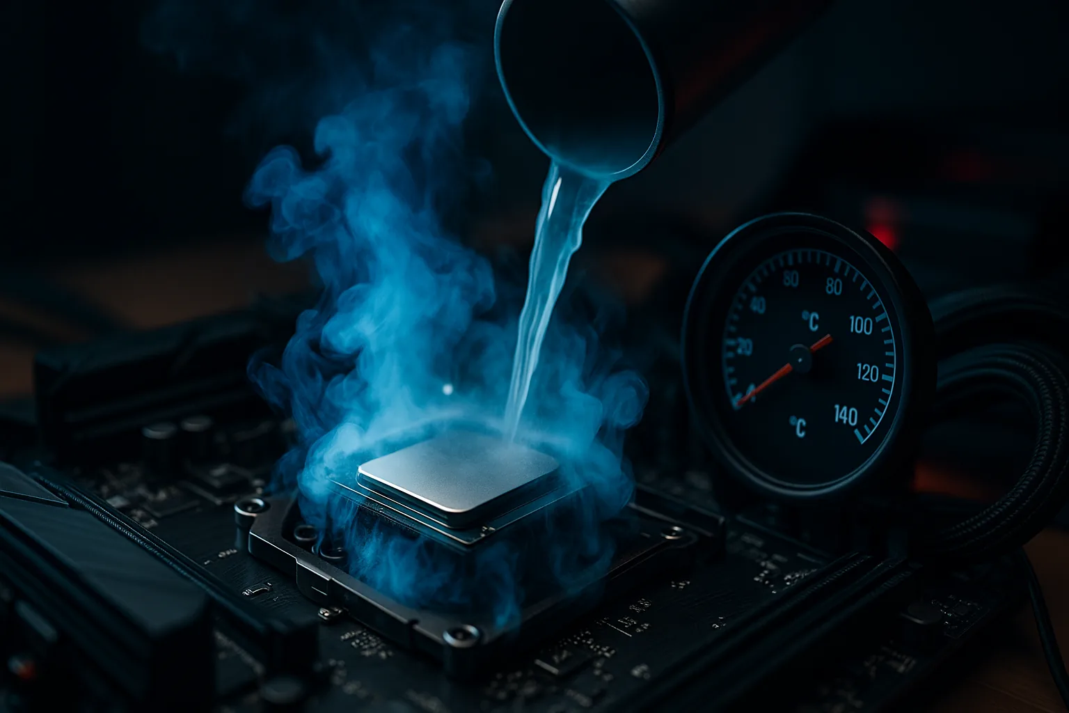 Overclocker despejando nitrogênio líquido sobre o processador durante uma sessão de record