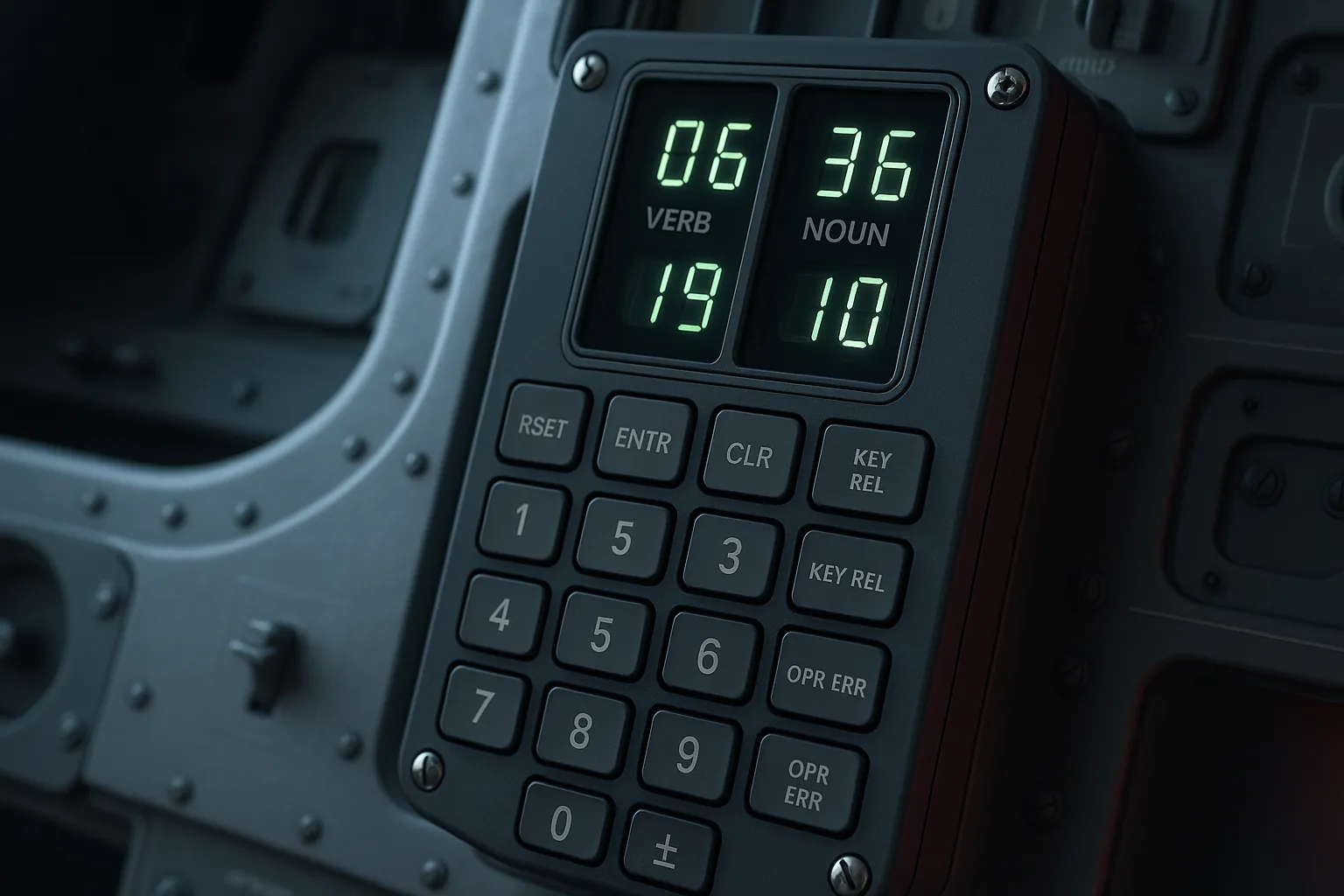 O DSKY, a interface do AGC — sem mouse, sem tela gráfica, só teclas e números