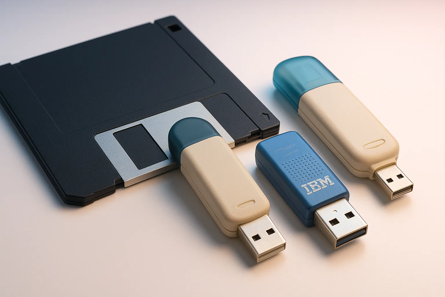 Os primeiros pen drives, ao lado do disquete que deveriam substituir