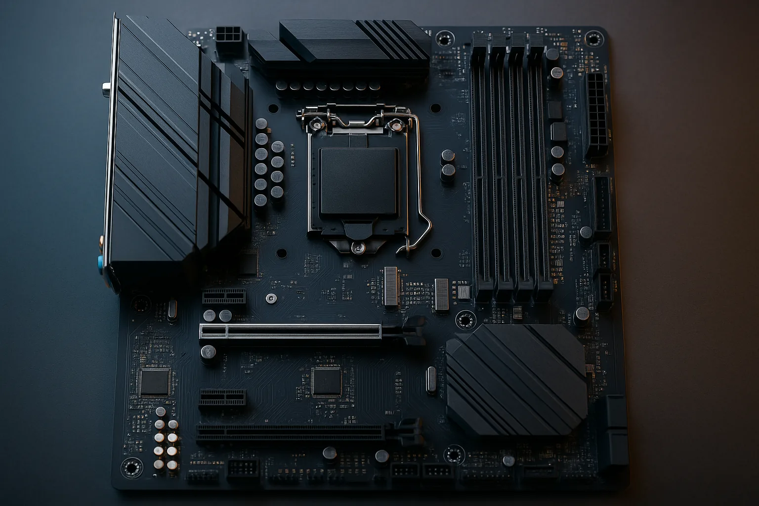 Detalhe de uma placa-mãe gamer moderna — as camadas de PCB são o coração do problema de custos