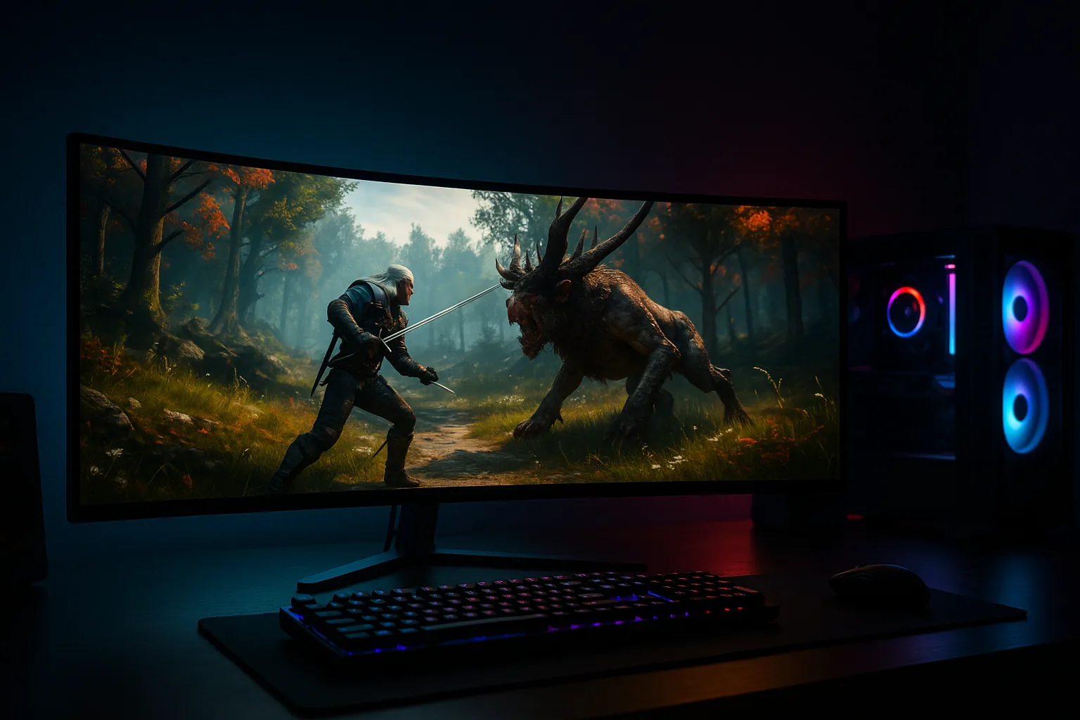 Setup gamer rodando Witcher 3 Remastered em 4K com ray tracing completo