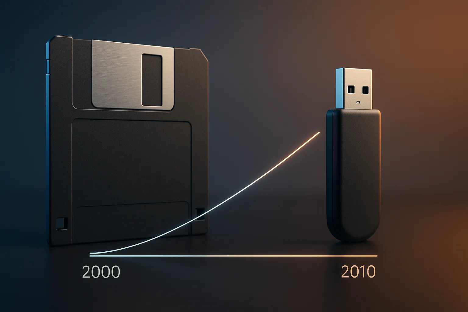 A curva de adoção: o disquete caindo enquanto o pen drive subia entre 2000 e 2010