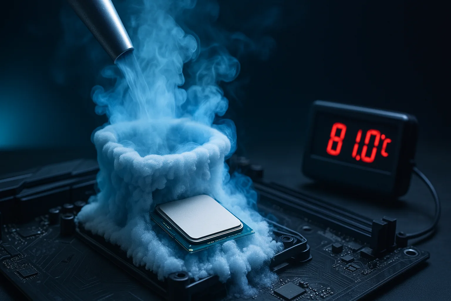 Setup de overclock extremo com nitrogênio líquido — o vapor é o LN2 evaporando
