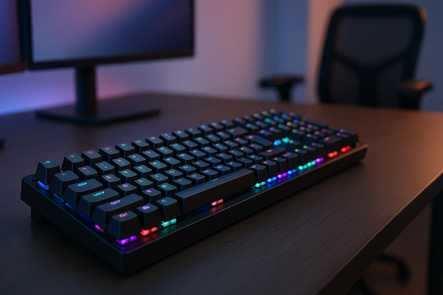 Setup ergonômico com monitores na altura correta e braços articulados
